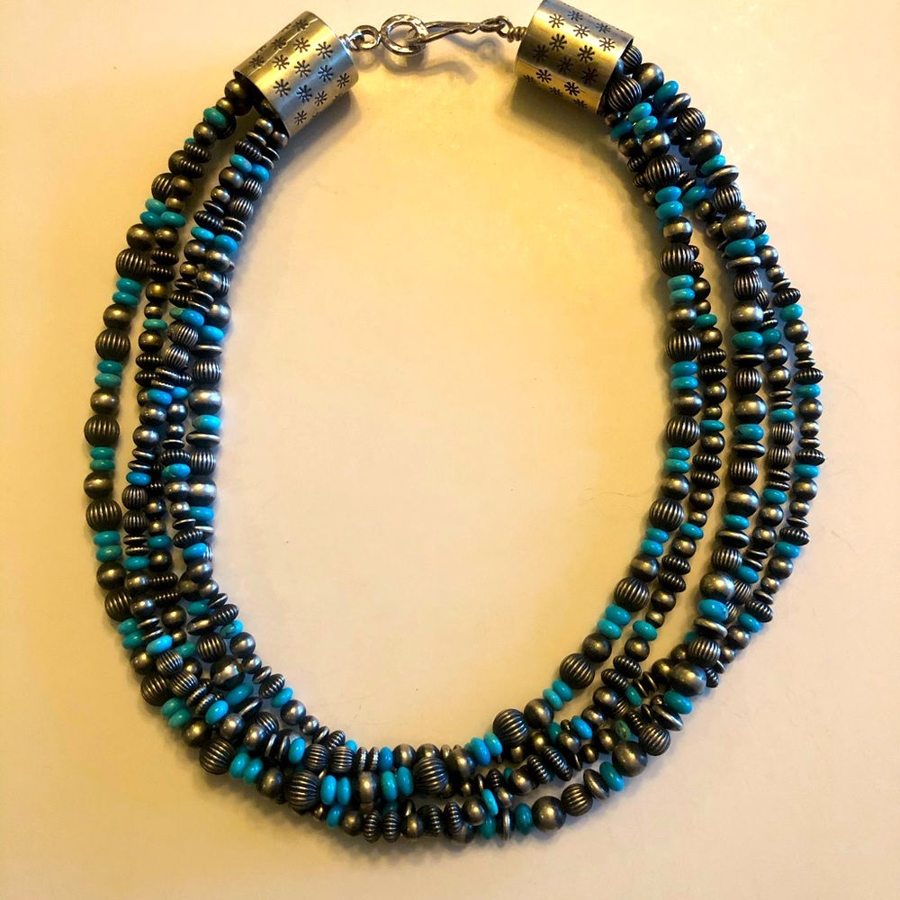 Navajo pearl, silver, and turquoise necklace